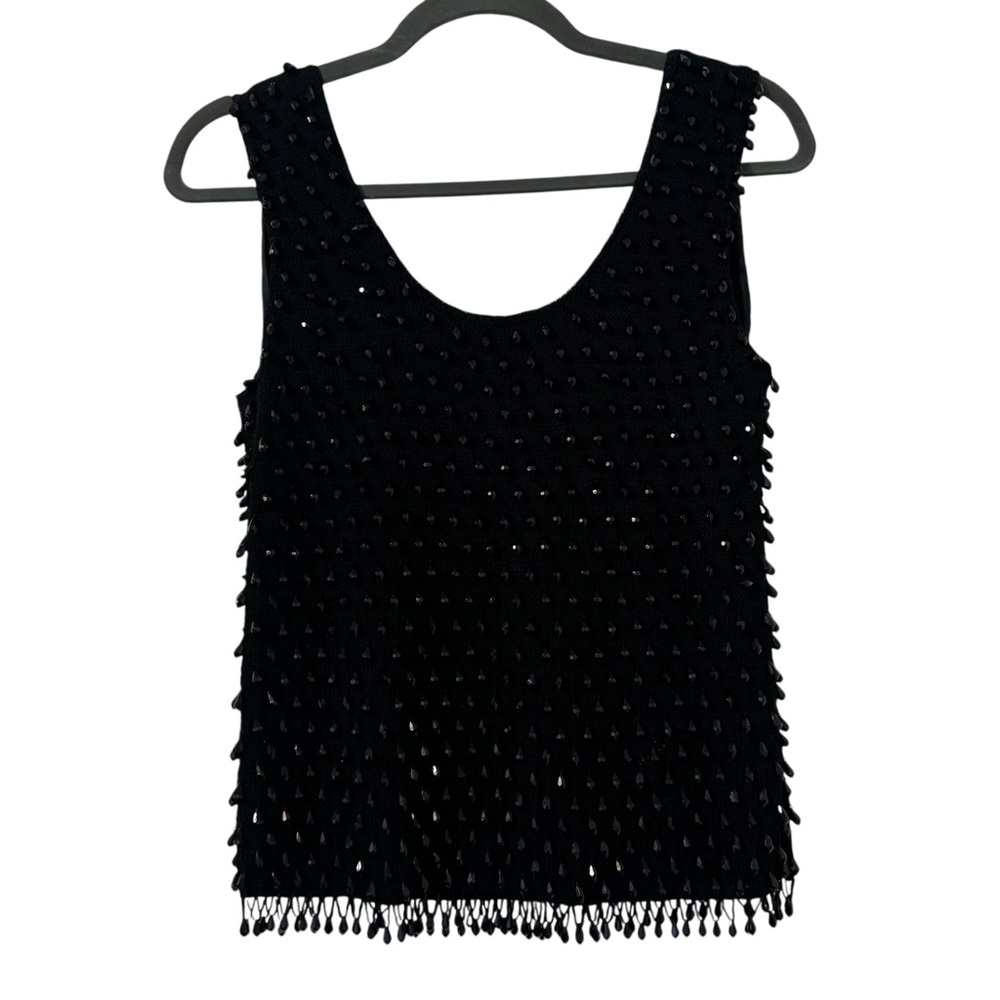 Vintage Black Sequin Beaded Fringe Blouse Tank Top Size Small Glam Party Dance